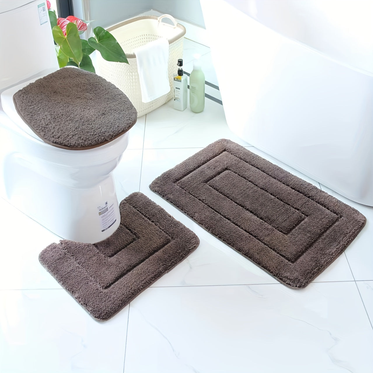 Conjunto de 3 alfombras de baño de microfibra ultrafina - Secado rápido, absorbente, antideslizante, alfombra de baño en forma de U, tapa de inodoro, poliéster tejido, resistente a la decoloración, densidad de 1500 g/m², grosor de 2 cm, lavable a máquina