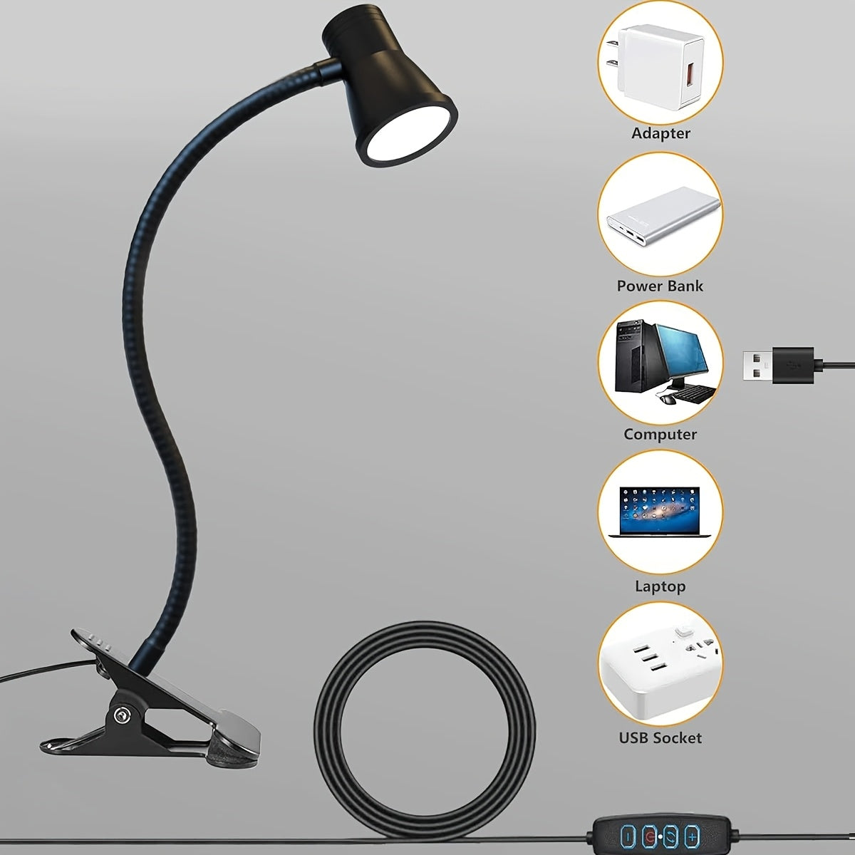 1pc HOTU Lámpara de escritorio con clip ajustable de 360°, luz de lectura de mesa con alimentación USB, 3 ajustes de temperatura de color, control de botón pulsador regulable, cuello flexible para mesita de noche, estudio y manualidades - Plástico, tema