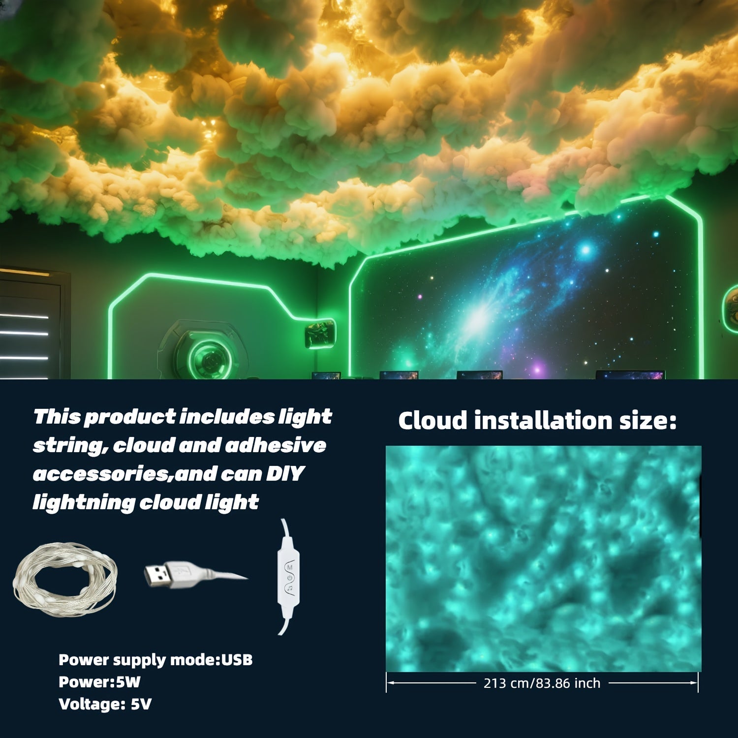 Luz de nube mejorada 2025 para decoración de techo o pared en salas de juegos, oficinas, hoteles o fiestas, con sincronización musical y función de cambio de color - AJK