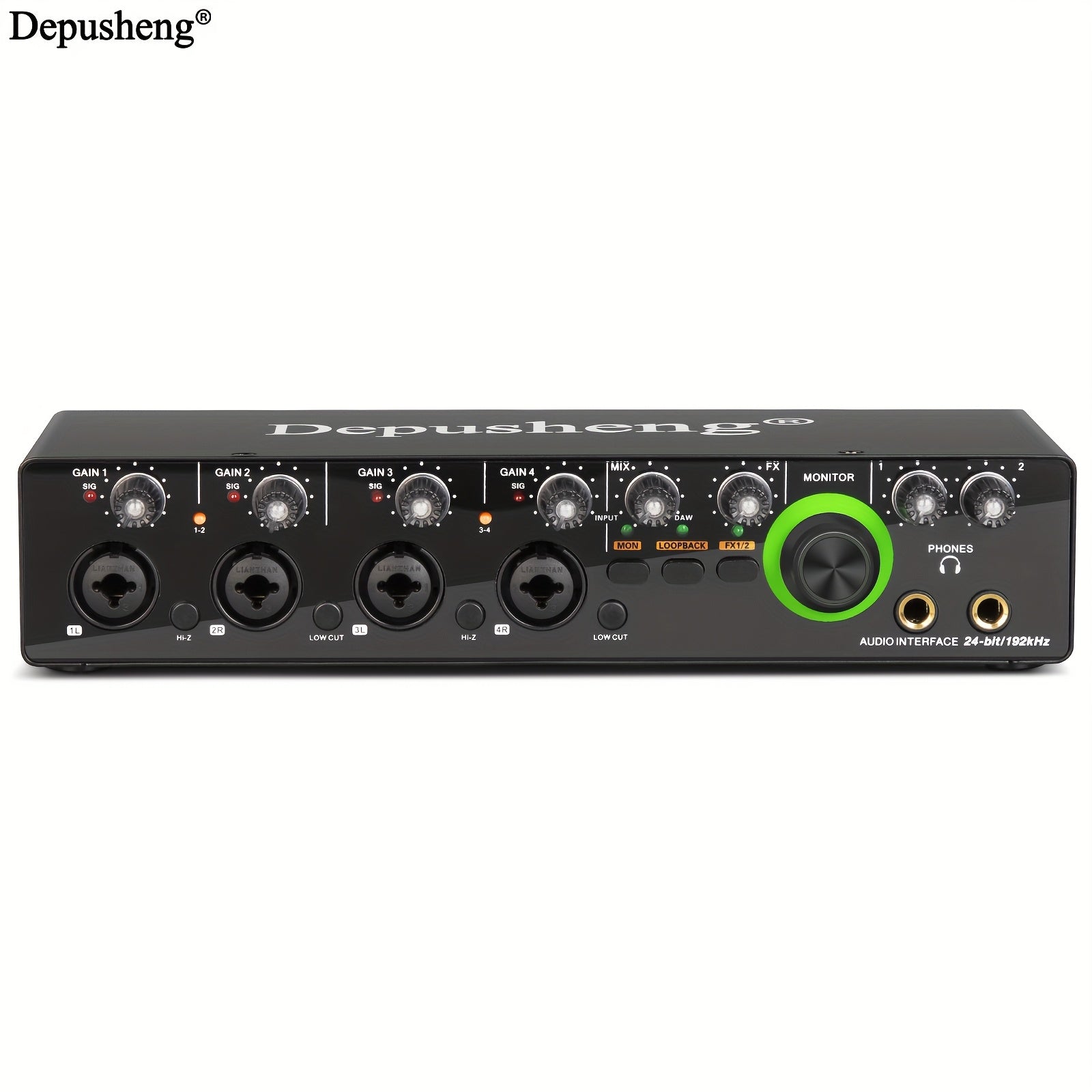 Interfaz de audio USB profesional DEPUSHENG, tarjeta de sonido con calidad HD, alimentación fantasma, conector para auriculares y 8 preamplificadores de micrófono - Consola de estudio para PC, podcasting, transmisión en vivo y videojuegos (24 bits/192 kH