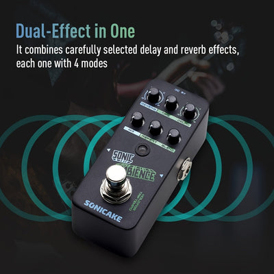 Pedal SONICAKE de Retardo y Reverb - Pedal de Efectos para Guitarra/Bajo con Temporizador Táctil, 4 Modos de Retardo y 4 Modos de Reverb, Diseño Vintage en , Construcción Robusta, para Guitarra Eléctrica, Bajo, Grabación en Estudio y Presentaciones en Vi