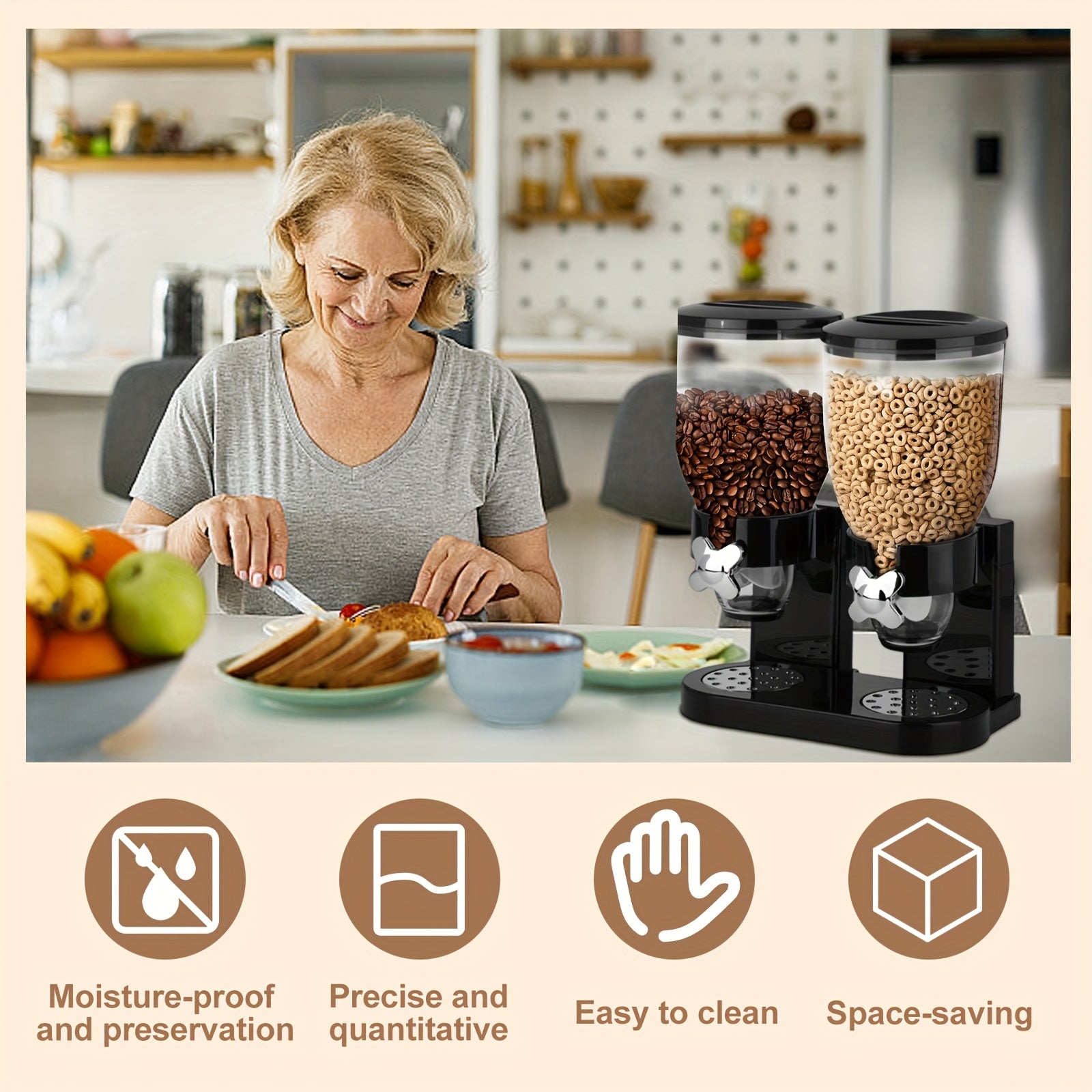 Dispensador de granos de 2 litros con dos tazas, contenedor de almacenamiento de alimentos secos con soporte de dos cabezas para caramelos, nueces, arroz, avena, granos, etc., material PET, forma redonda, tapa giratoria, solo lavado a mano, uso múltiple