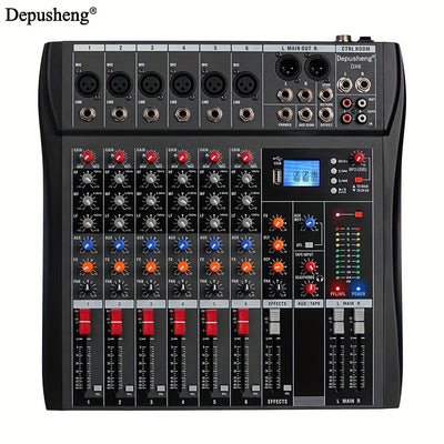 Mezclador de audio profesional DEPUSHENG de 6/8/12 canales - Negro, encendido, 110V-130V, estándar estadounidense, con USB, XLR, alimentación fantasma y entradas/salidas RCA para DJs, estudios y bares