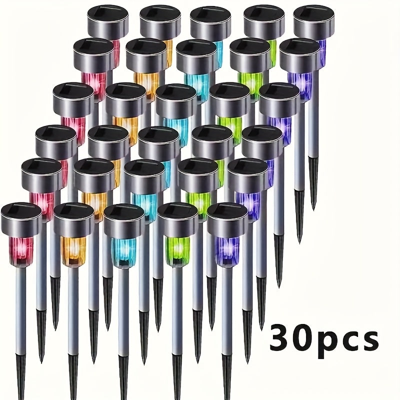 30 piezas de luces solares para césped, luces LED de acero inoxidable para exteriores, luces de inserción en el suelo, gradiente de 7 colores, alimentadas por energía solar, encendido/apagado automático, IP54, adecuadas para la decoración del paisaje de