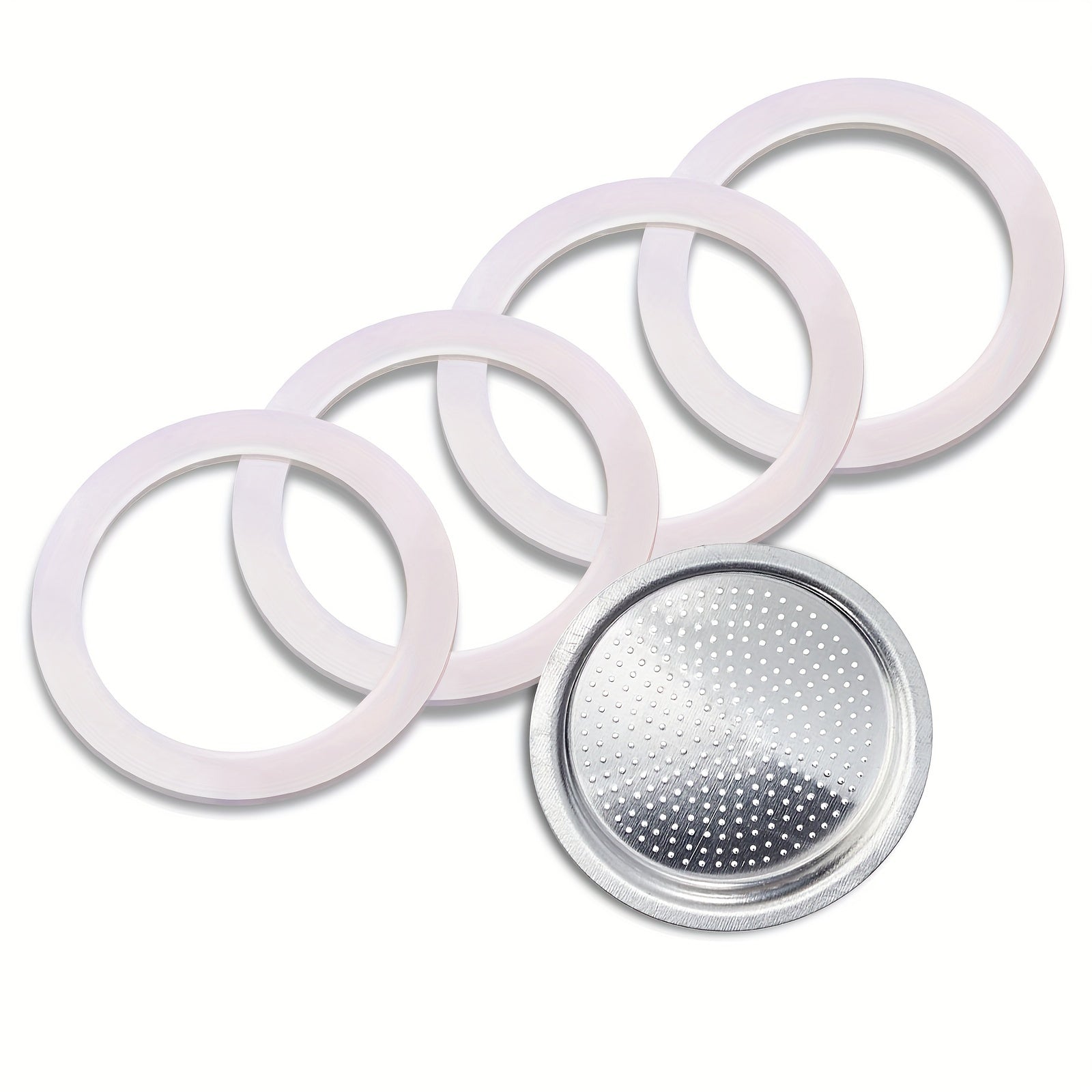 Juego de 4 anillos de sellado de silicón, 1 filtro, repuestos de grado alimenticio para cafetera Moka Express de aluminio de 6 tazas, Bialetti espresso y otras cafeteras, material duradero de acero inoxidable y silicón, fácil instalación