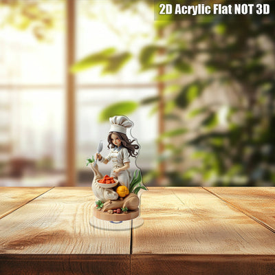 Decoración de chef femenina en cristal plano 2D - Adorno giratorio para mesa con tenedor y cuenco de ingredientes, ideal para decoración de cocina o regalo temático de cocinero | Diseño optimista y detallado, 2D plano