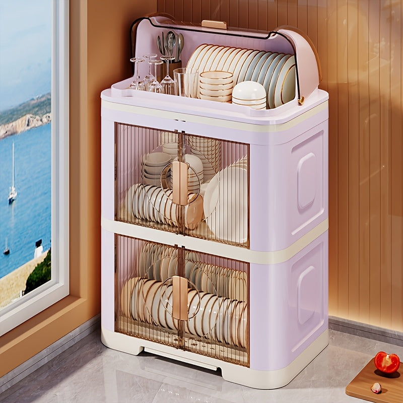 Escurridor de platos plegable de 2/3 niveles, gran capacidad con tapa, gabinete de almacenamiento para cocina con tabla de drenaje, antipolvo - ahorrador de espacio, organizador de vajilla ideal para armarios y encimeras, color morado