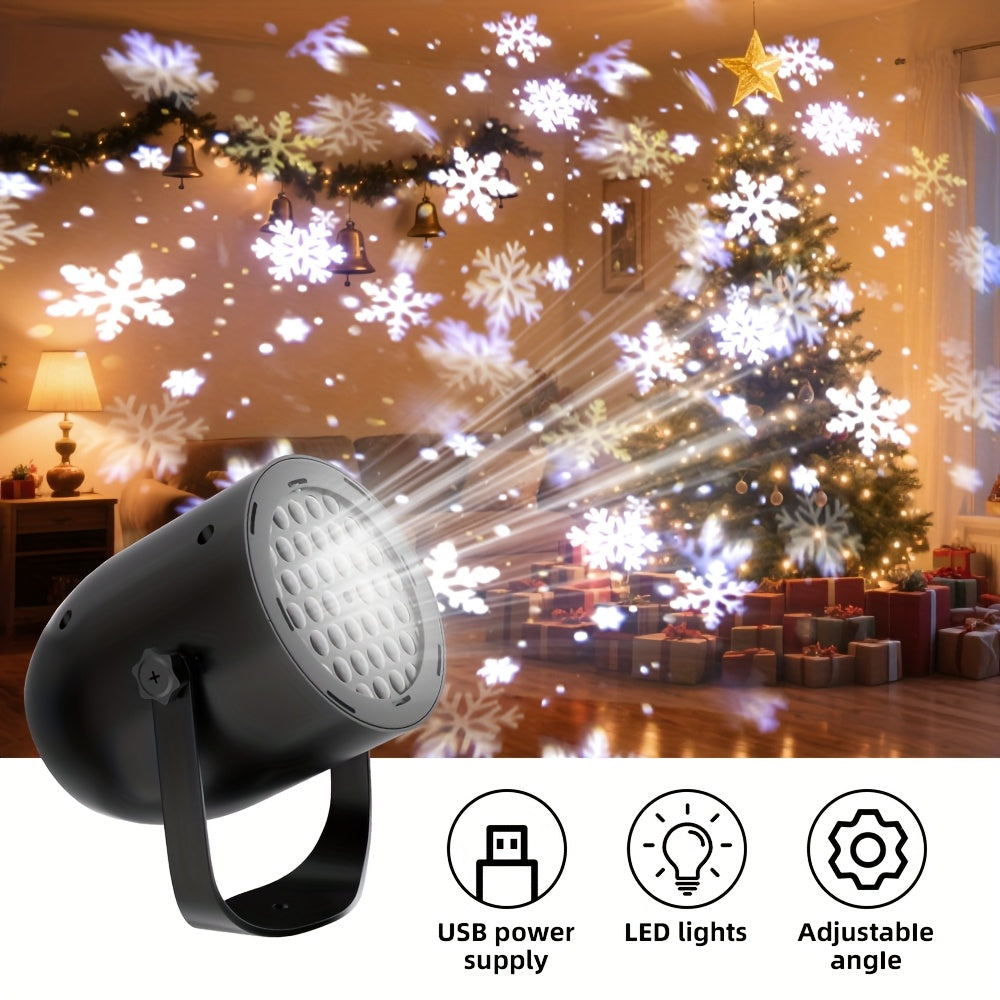 1 lámpara de proyección con copo de nieve en carcasa negra, alimentación USB, luz ambiental, ideal para Navidad, fiestas, Halloween, bodas y decoración interior. Perfecta para eventos, festividades y proyectos de habitaciones