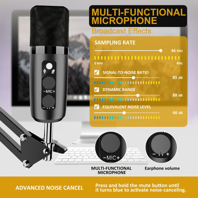 Micrófono USB condensador para computadora, juego de PC, podcast, kit de micrófono para transmisión, grabación, voces, ASMR, voz, micrófono de estudio cardioides para teléfono/Android/PS4
