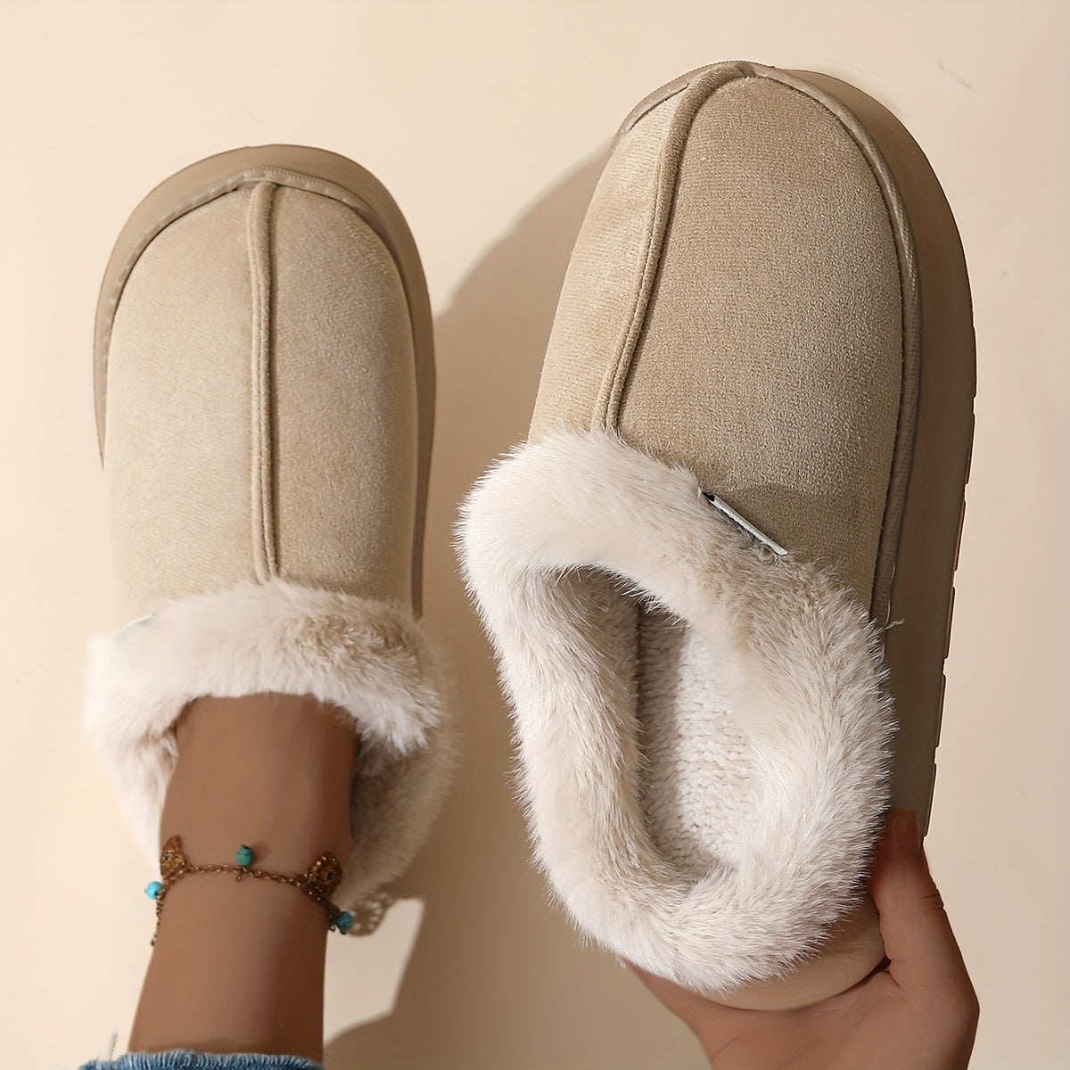 Elegantes zapatillas cortas de felpa para mujer que se ponen sin atar, con suela gruesa de EVA acolchada - Parte superior de tejido suave, comodidad para todas las estaciones, uso interior/exterior, zapatillas de interior, calzado de interior, zapatillas