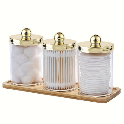 Juego de 3 frascos de plástico para hisopos con tapa dorada, organizador de algodón, bolas y discos de 10 oz, set de botes transparentes para baño con bandeja, dispensador para almacenamiento