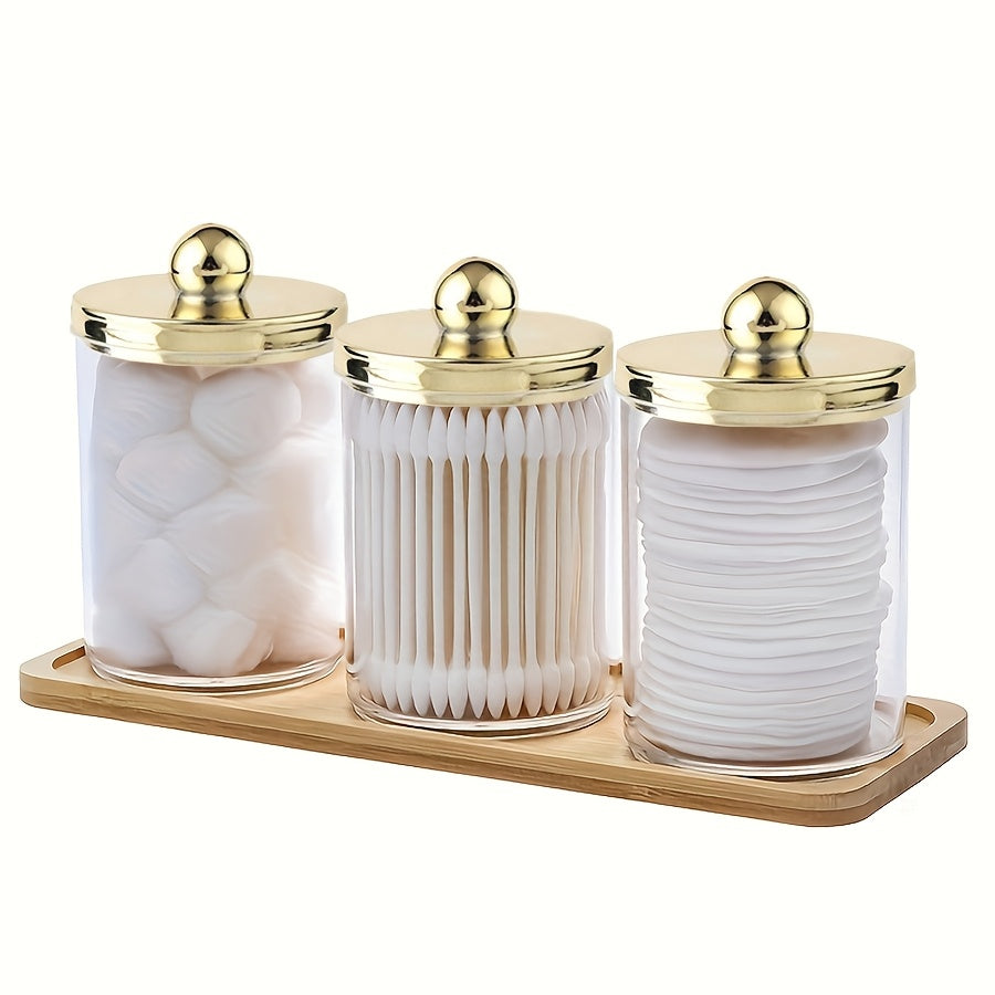 Juego de 3 frascos de plástico para hisopos con tapa dorada, organizador de algodón, bolas y discos de 10 oz, set de botes transparentes para baño con bandeja, dispensador para almacenamiento