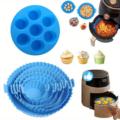Juego de 7 piezas: 6 fundas de silicona de tamaño múltiple para freidora de aire + 1 molde de pastel de 7 agujeros - Bandejas de hornear azules no adherentes con bordes ondulados, perforadas para una cocción uniforme, fácil limpieza - Herramientas de hor