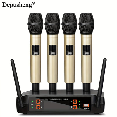 Sistema de micrófono inalámbrico DEPUSHENG, kit de micrófono portátil de 4 canales, con recepción de doble canal, control de volumen, patrón polar unidireccional, conector de 6,35 mm, enchufe estadounidense, fuente de alimentación 110-130V, para escenari