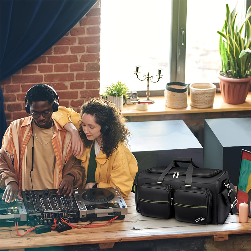 Bolso de DJ de gran capacidad con 6 bolsillos - Correa de hombro acolchada, poliéster duradero, organizador de cables de color neón verde y negro para cables de extensión, micrófonos, pedales, mezcladores de audio - Perfecto para músicos y actuaciones de