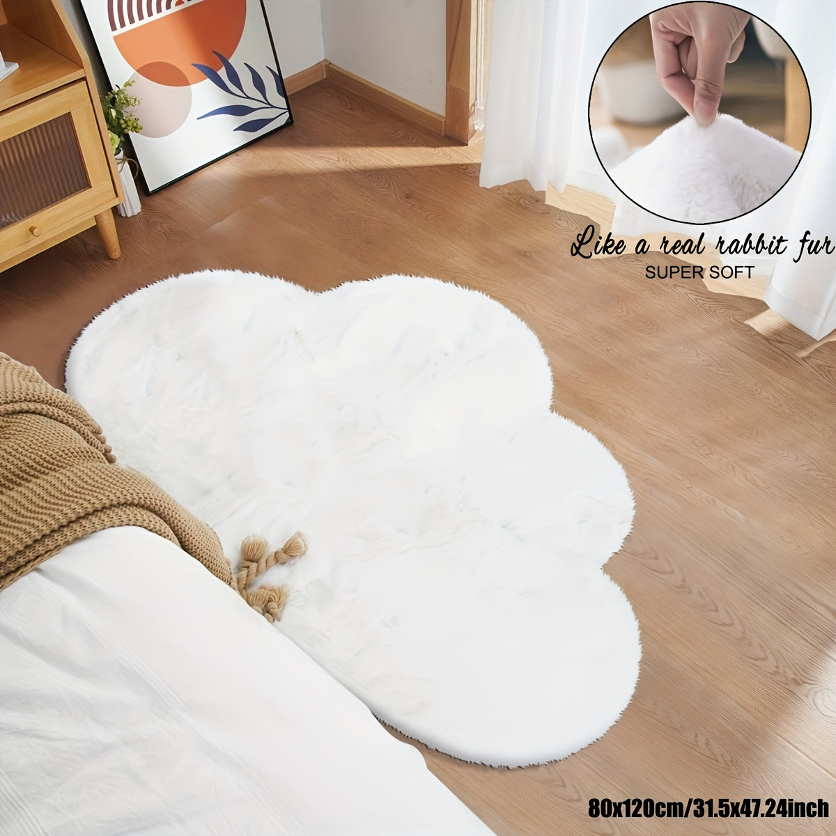 Alfombra de área suave de imitación de piel de conejo, forma de nube, decoración de dormitorio antideslizante, material de poliéster, lavado a mano únicamente, uso en interiores, blanco
