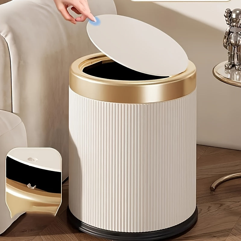 1pc Cubo de Basura Sin Manos con Tapa que se Abre Presionando, Diseño Cilíndrico Moderno y Duradero para Hogar Oficina Cocina Dormitorio, Detalles en Blanco y Dorado, Cesta Compacta Ahorra Espacio, Papelera Elegante, Cubo de Plástico Estilo, Diseño Funci