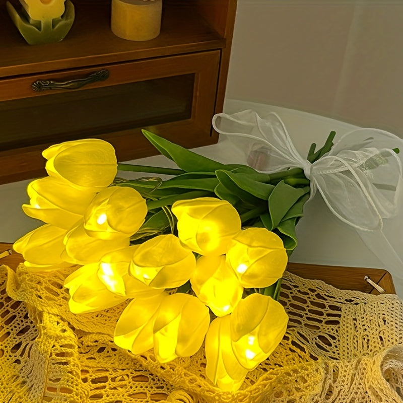 Bombillas de tulipán de luz alimentadas por batería - Amarillo y naranja vibrantes, diseño de flor realista para decoración del hogar, decoraciones de fiesta y canastas de regalo, decoraciones de fiesta | Diseño de flor vibrante | Bombillas de plástico d
