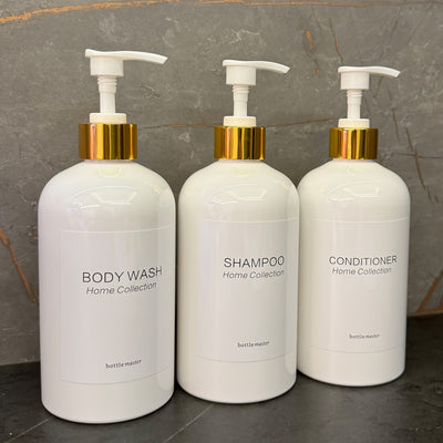 3 Piezas Dispensador de Champú y Acondicionador con Soporte para Pared | Juego de 3 Botellas Plásticas de 16.9 fl oz en Blanco o con Bomba de Bambú