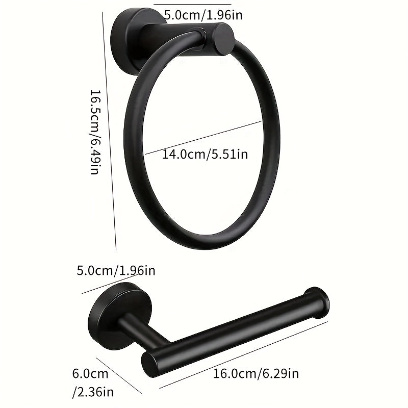 Juego de 2 accesorios para baño de acero inoxidable redondos, set de toallero y portarrollos de papel higiénico negro mate para montar en pared