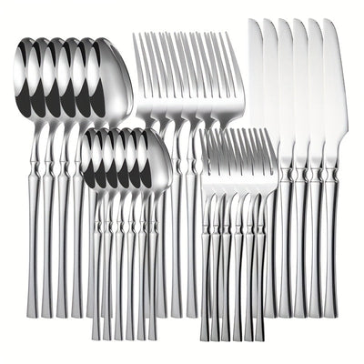 30 piezas de cubertería de acero inoxidable que incluye cuchillo de cena, tenedor, cuchara, tenedor de postre, cuchara de postre y cuchara de café para uso en el hogar y en restaurantes.