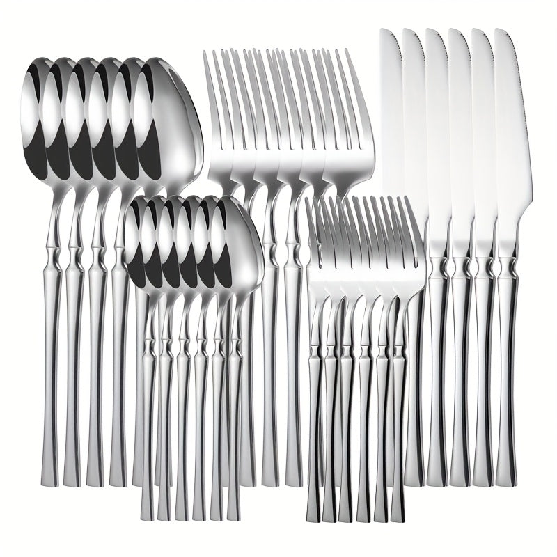 30 piezas de cubertería de acero inoxidable que incluye cuchillo de cena, tenedor, cuchara, tenedor de postre, cuchara de postre y cuchara de café para uso en el hogar y en restaurantes.