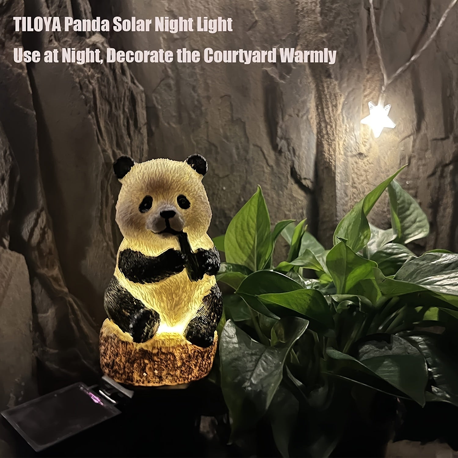 Luz de Jardín LED con Energía Solar y Forma de Panda | Lámpara Decorativa para Caminos Exteriores de Resina | Diseño Desmontable Cargado por Sol de Alta Calidad | Ideal para Iluminación de Patio y Césped | Encantadora Estatua de Panda Comiendo Bambú | Il
