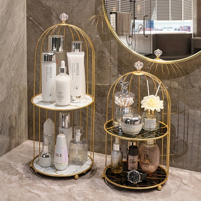 1 organizador de maquillaje de hierro fundido en tono dorado, estante en forma de jaula para baño, elegante soporte para perfumes y productos de cuidado de la piel, repisa para tocador y mostrador