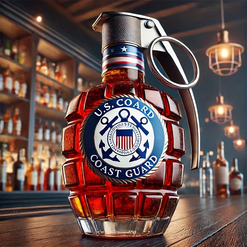 Botella de Whisky en Forma de Granada Militar 1pz - Vidrio Grabado de 300ml, Diseño Antifugas y Duradero, Decantador con Cordón , Regalo Ideal para Veteranos en Acción de Gracias o Temporada de Graduación, Vajilla Novedosa, Decoración Temática Militar, S