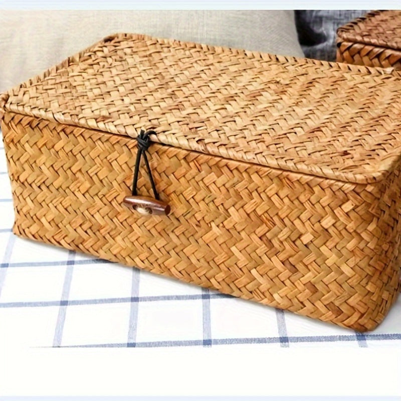 Caja de almacenamiento tejida a mano estilo vintage con tapa - Organizador rectangular multifuncional para decoración del hogar, material de fibra natural, caja de almacenamiento decorativa | Caja de fibra natural | Diseño tejido, cestas de estantería