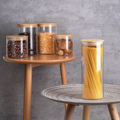 Juego de 5 frascos de vidrio herméticos con tapas de bambú, lavables a mano, recipientes redondos reutilizables para cocina, envases multipropósito con tapa flip top para dulces, galletas, arroz, azúcar, pasta, nueces y especias
