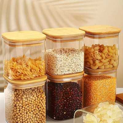 12 piezas en un conjunto, frascos sellados para alimentos apilables, botellas de vidrio de borosilicato de alta calidad con tapas de bambú, cajas de almacenamiento de granos de cocina, contenedores a prueba de humedad.