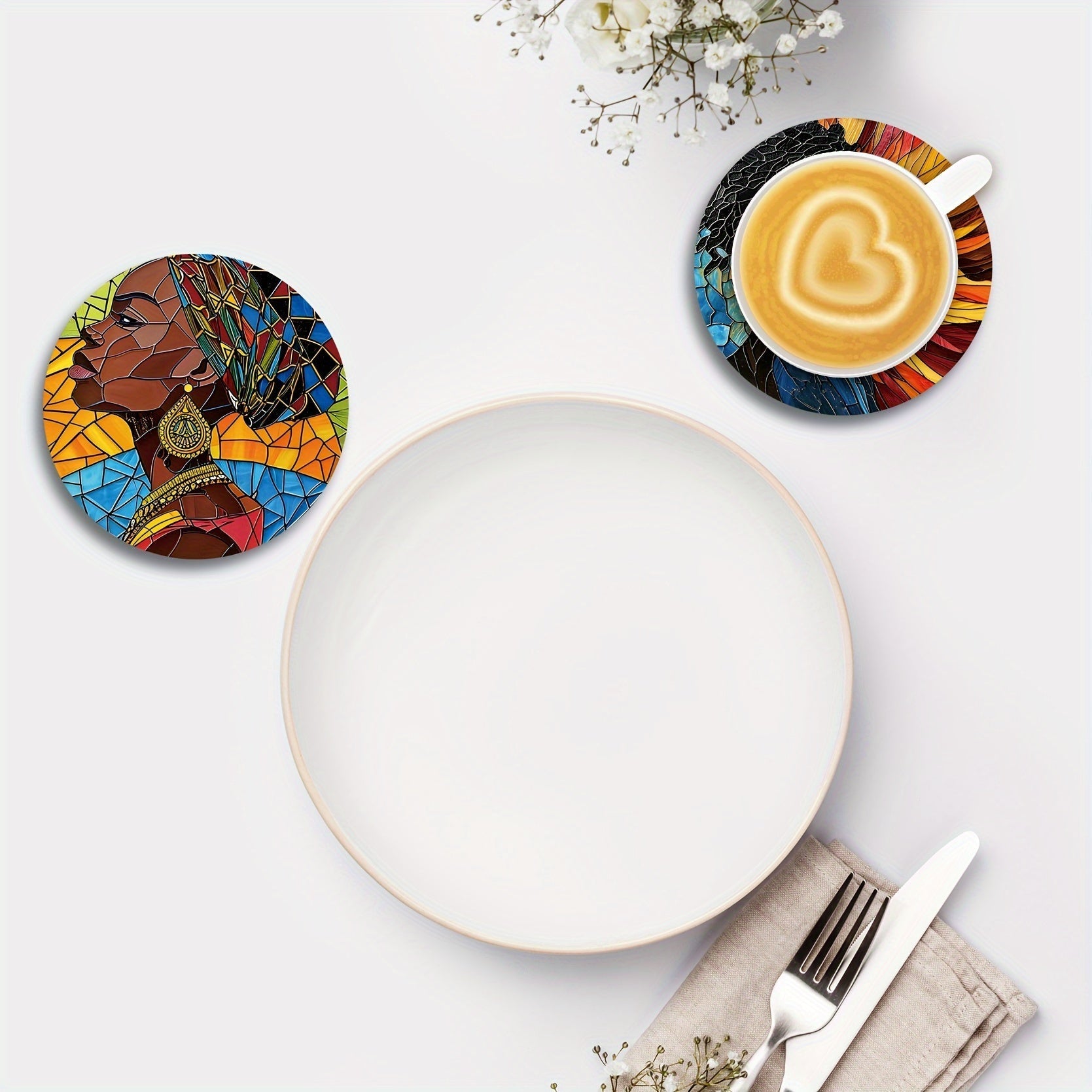 8 posavasos de madera de inspiración africana - Lavado a mano, resistente al calor, diseño vibrante y colorido para bebidas, café, oficina, cocina, mesa de comedor - Ideal para decoración del hogar y del restaurante, regalo perfecto