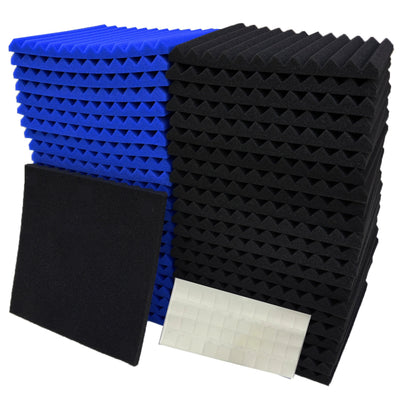 Paquete de 50 Paneles Aculicos de Espuma Negros y Azules de 30cm x 30cm x 2.5cm para Estudio, Alta Densidad, Materiales de Aislamiento para Grabación de Instrumentos Musicales