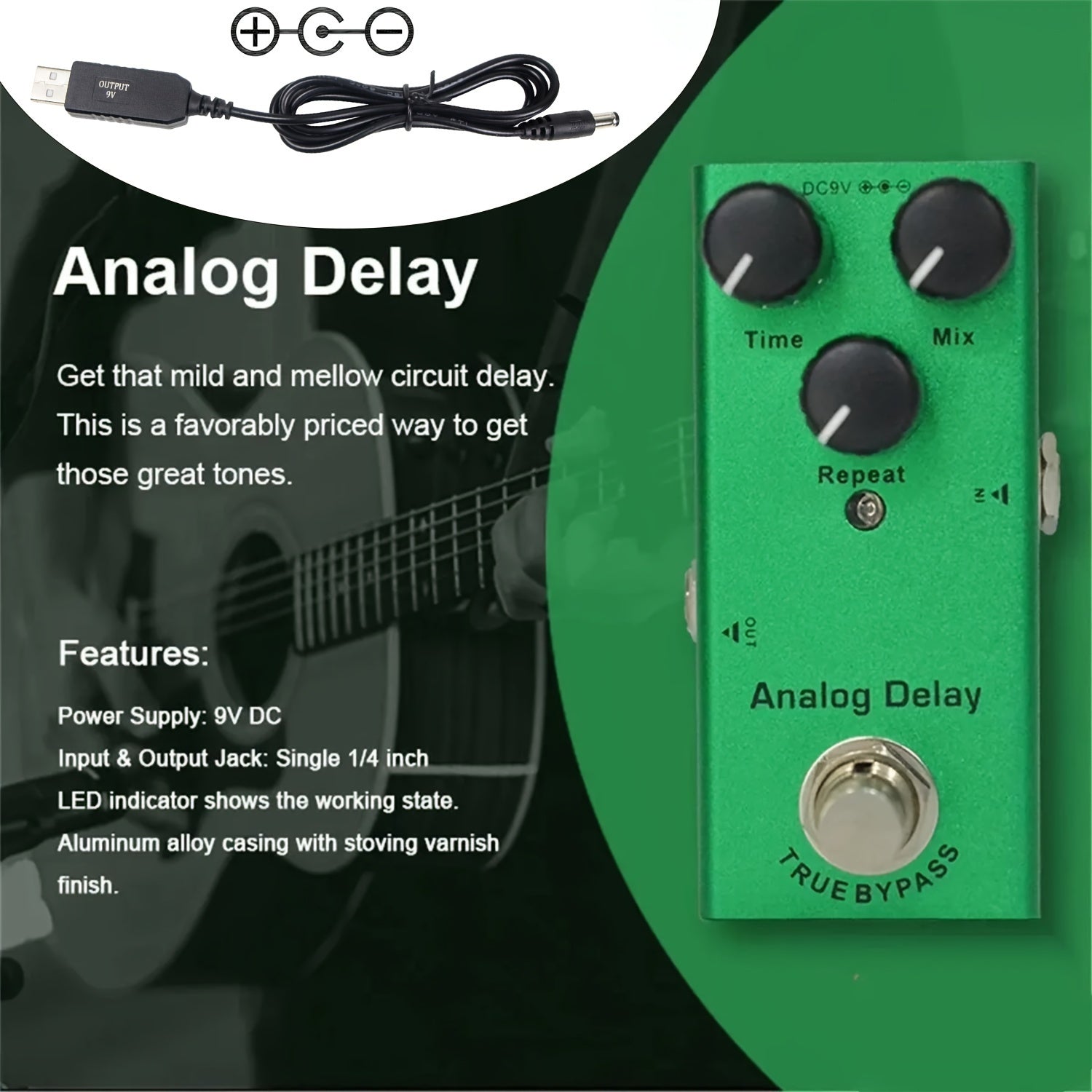 Mini Pedal De Efectos De Guitarra Eléctrica, Con Retardo Analógico, Tipo Único, Cc 9 V, Bypass Real, Equipado Con Cable De Refuerzo USB 5 V A 9 V