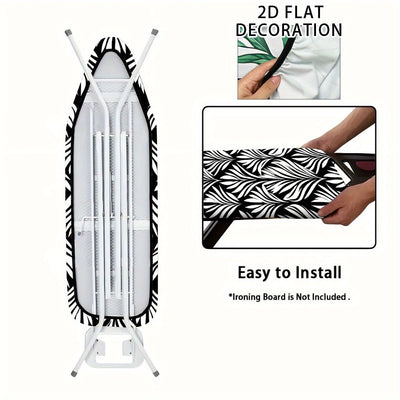 1 cubierta de tabla de planchar de acero pesado con borde elástico - Rejilla completa, gancho estándar, lavable en máquina, diseño de hojas negras y blancas, se ajusta a la mayoría de las tablas estándar, seguro para planchar, artículos esenciales del ho
