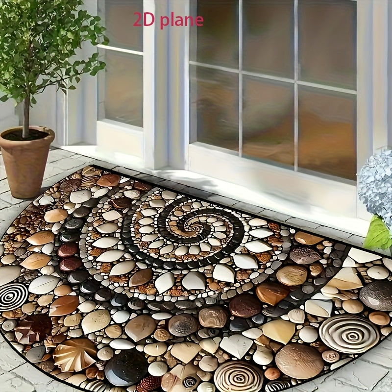 Alfombra lavable a máquina semirredonda en 2D, diseño de conchas y piedras coloridas, poliéster liviano, ideal para cocina, baño, porche y balcón, uso en interiores/exteriores, decoración de porche|Alfombra decorativa para piso|Alfombra lavable a máquina
