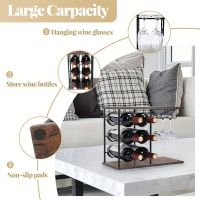 Un moderno y minimalista soporte para vinos creativo para uso en el hogar, capaz de contener 6 botellas y 4 vasos. Este soporte para vinos independiente es adecuado para hogares, cocinas, mesas de bar, bodegas de vinos y armarios, lo que lo convierte en