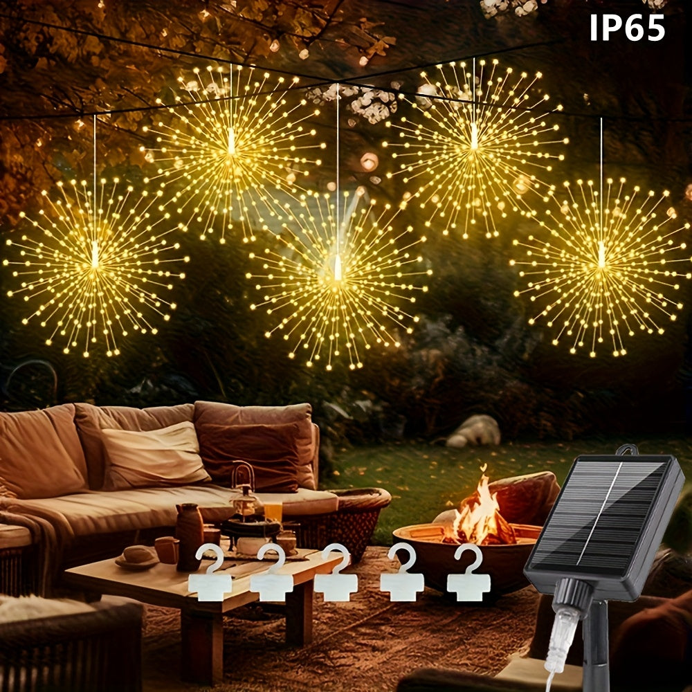 5 piezas de luces de fuegos artificiales suspendidas alimentadas por energía solar, cadena de luces de fuegos artificiales LED, 8 modos, alimentadas por energía solar, decoración de iluminación exterior, IP65, disponibles en múltiples colores, adecuadas
