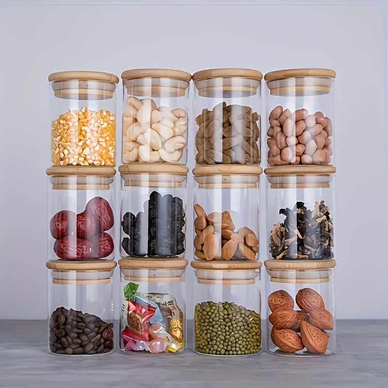 1 Juego de 12 Jarras de Vidrio Transparente Redondas de Uso Alimentario con Tapa de Bambú, Papel y Pluma, para Almacenamiento de Comida, Snacks, Hierbas, Granos y Frutas Secas, con un Estilo Simple.