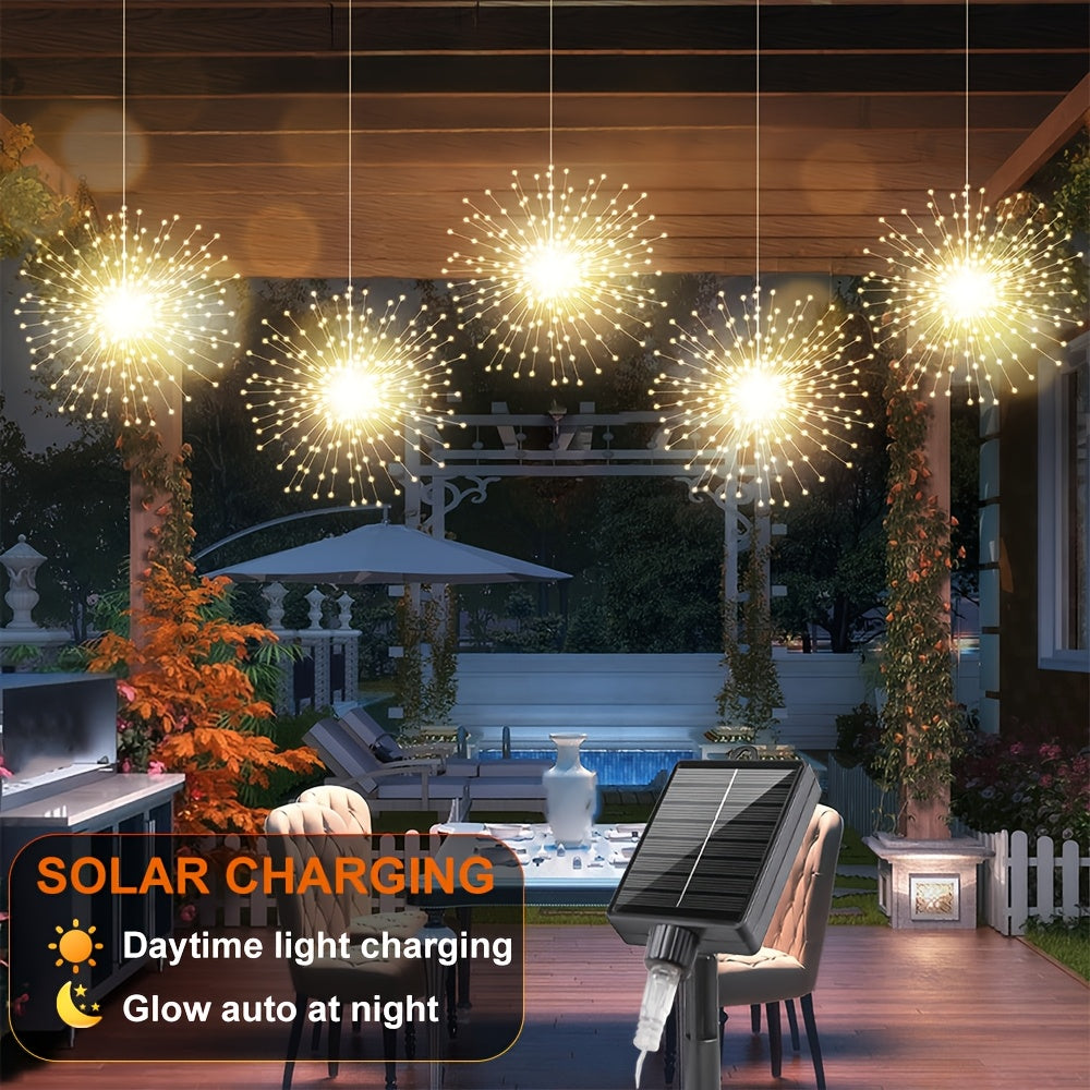 5 piezas de luces de fuegos artificiales suspendidas alimentadas por energía solar, cadena de luces de fuegos artificiales LED, 8 modos, alimentadas por energía solar, decoración de iluminación exterior, IP65, disponibles en múltiples colores, adecuadas