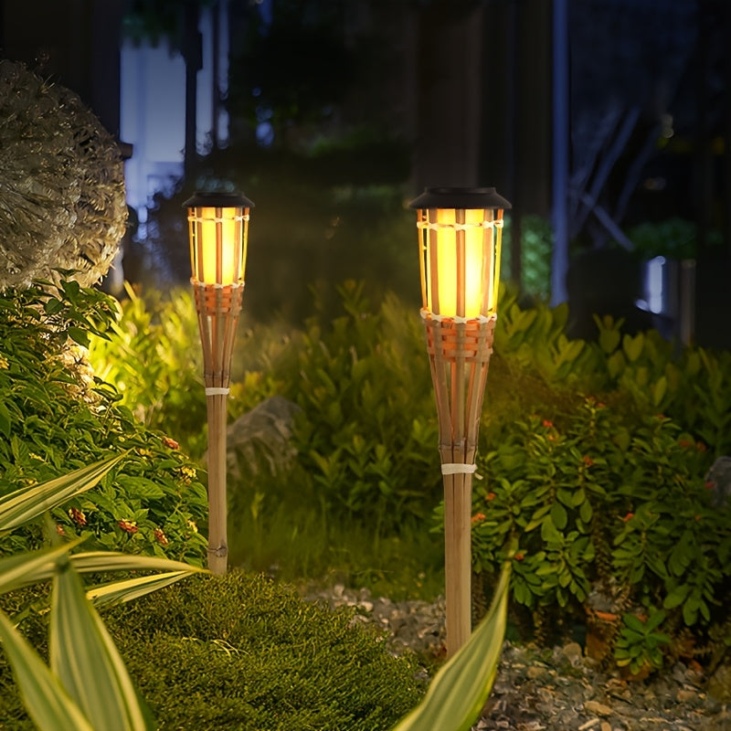 Faroles de bambú alimentados por energía solar, antorchas de arte de bambú, iluminación decorativa LED para exteriores, luces de jardín solares, luces de césped para caminos, jardines, patios, jardines, decoraciones festivas para Navidad, Halloween y Año