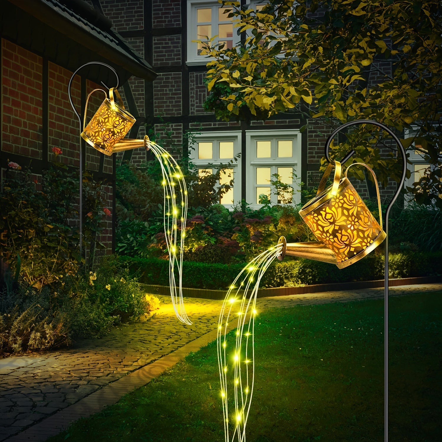 1 tanque de riego solar con luces, luces solares para jardín, decoración de jardín, faroles colgantes, lámparas solares de cascada de metal, ideal para patios, senderos, césped, terrazas, corredores, recibidor - regalo perfecto para Navidad