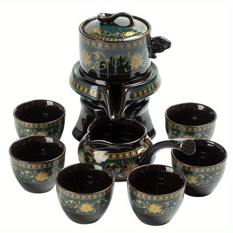 Tetera giratoria de grafito y juego de tazas en caja de regalo - Estilo kungfu vintage para decoración del hogar y amantes del té, set de tazas