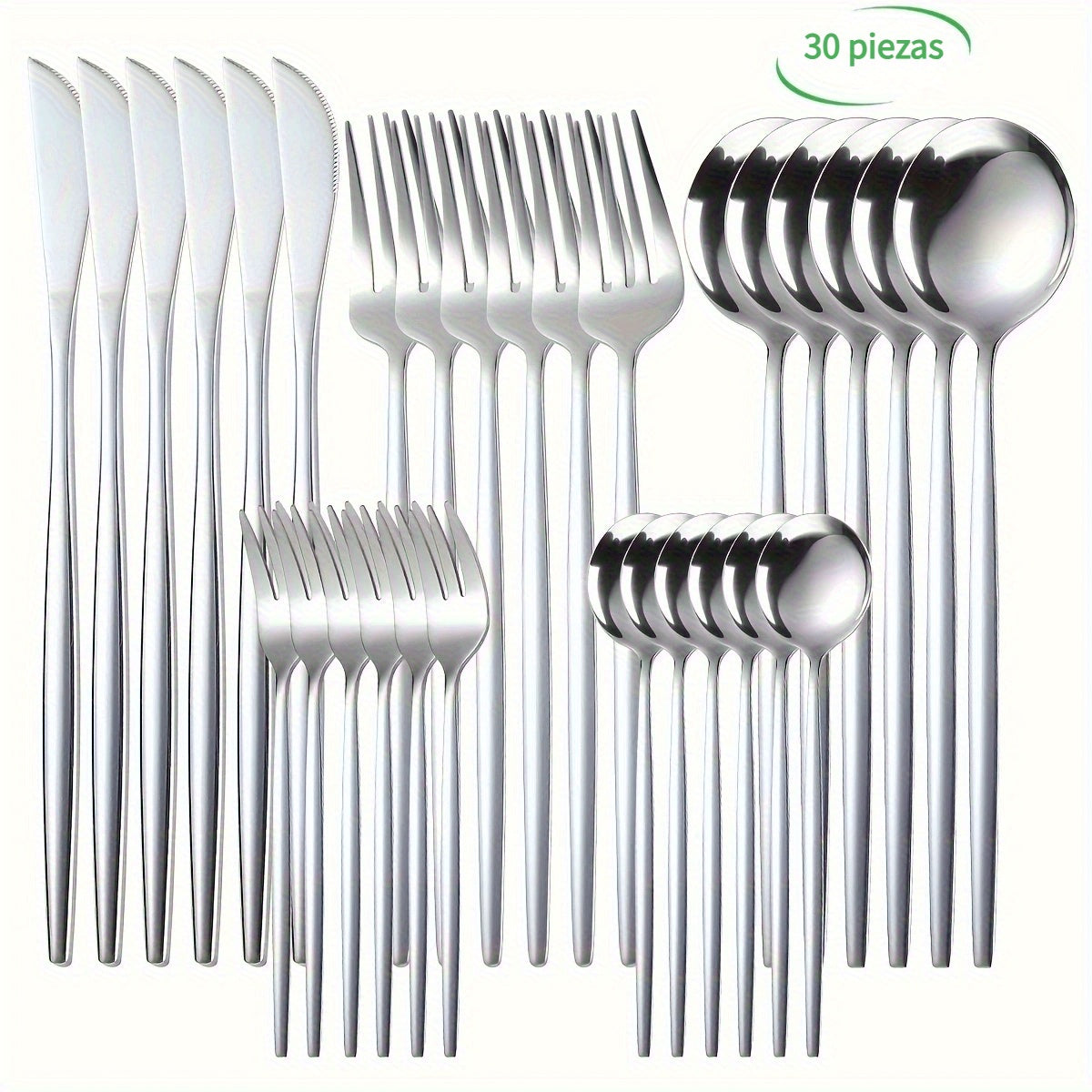 Juego de Cubiertos de Acero Inoxidable de 30 Piezas, Juego de Cuchillo Tenedor Cuchara, Juego de Vajilla, Incluye Juego de Cuchillo Tenedor Cuchara, Apto para Casa, Restaurante, Hotel, Fiesta, Boda, Lavavajillas
