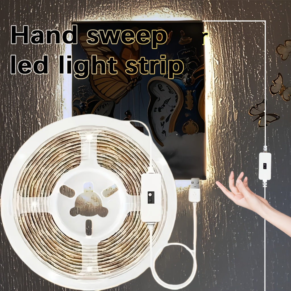 Tira de luces LED con sensor de barrido manual, 2m/5m/10m enrollable para iluminación de armarios, alimentada por USB, 5V, ≤36V, control por gestos, LED de doble cara para decoración del hogar y la cocina, no requiere pilas.
