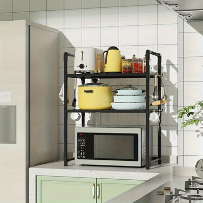 Un estante de almacenamiento de cocina con asas, ideal para hornos microondas y tostadores, incluye ganchos laterales para toallas, resistente y duradero, perfecto para uso doméstico.