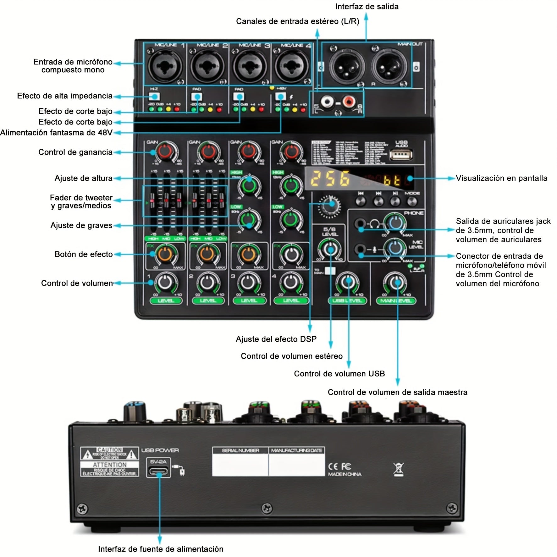 Tynan Mezclador de Audio USB de 6 canales con 256 efectos de reverberación RGB, fuente de alimentación elegante, transferencia de datos de alta velocidad - Lleva tu experiencia musical al siguiente nivel con este equipo de grado profesional, mezclador pa