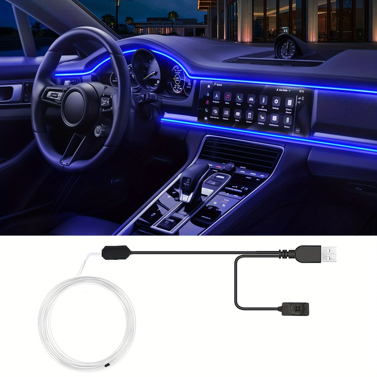 Luces LED RGB de 7 Colores para Interior del Coche, Tira Decorativa Neón con Fibra Óptica USB Ambiental, Kit 1 en 1 (3m) y 2 en 1 (5m)