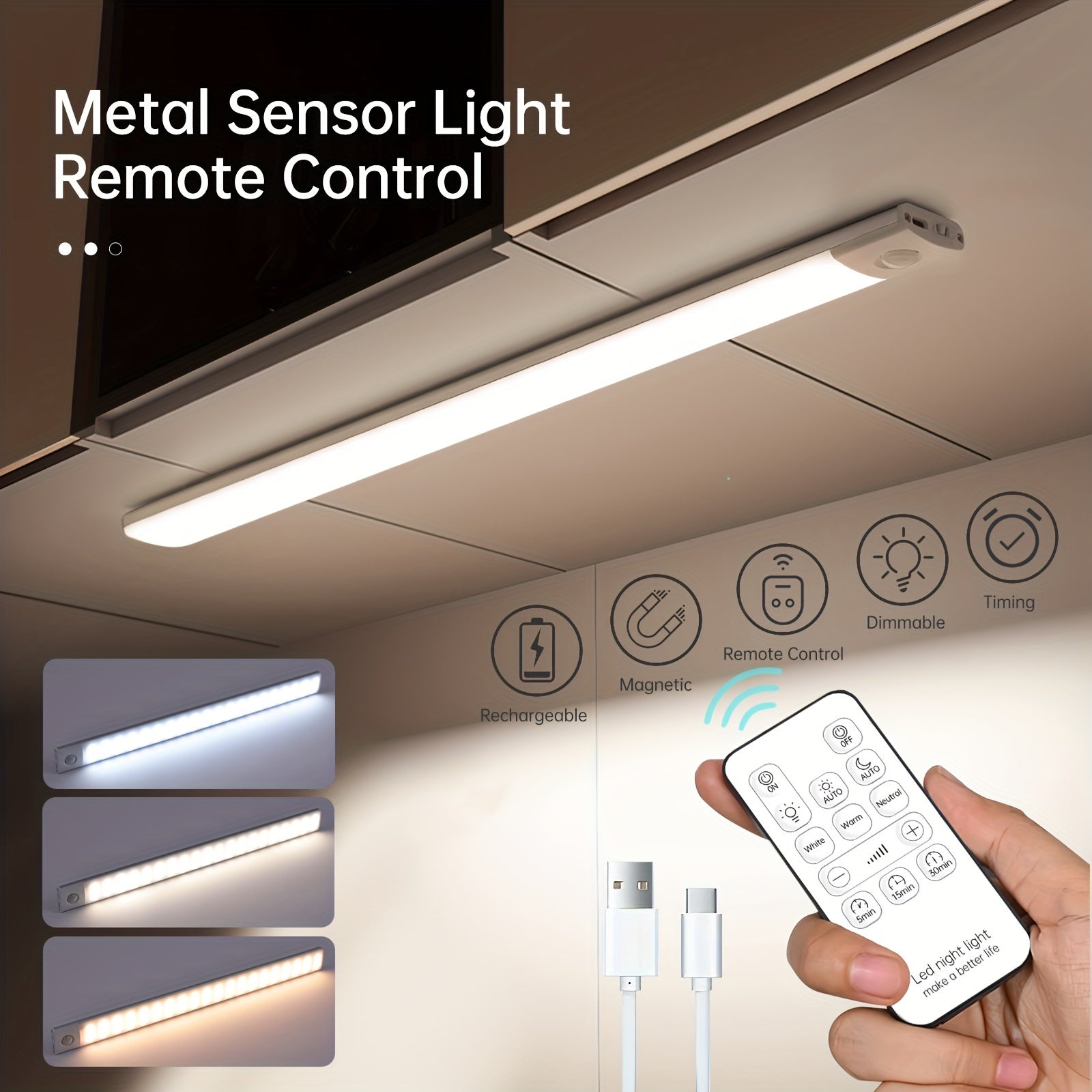 1pc Sensor de movimiento bajo la luz del gabinete, luces LED de 3 colores para armario con control remoto, luces inalámbricas regulables con batería recargable USB, accesorios de luz magnéticos para debajo del mostrador para cocina interior, escalera, ar